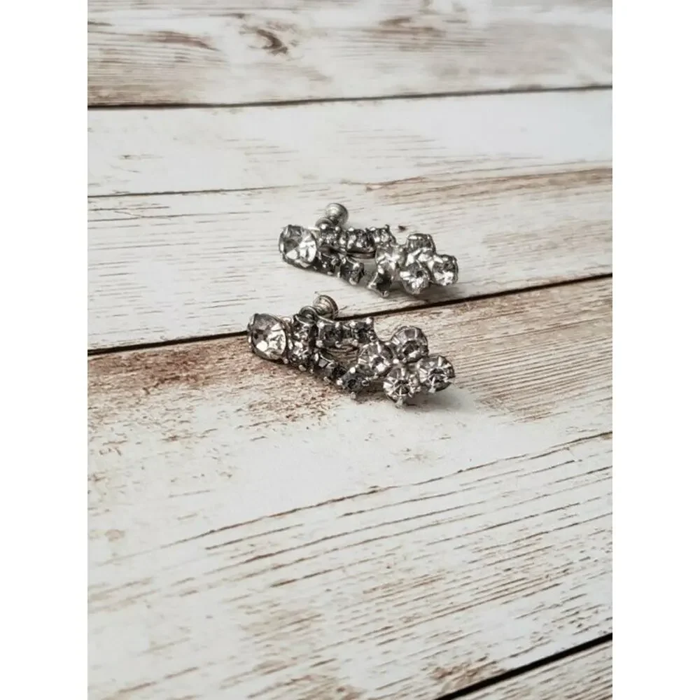 Vintage Screw On Earrings Clear & Grey Gems Dangle